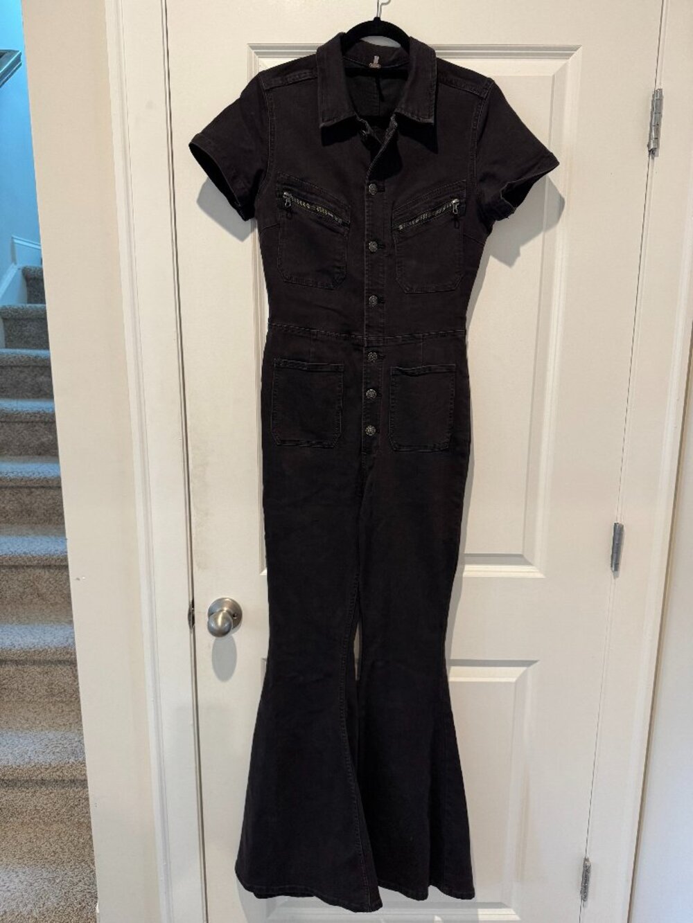 Free People Black Denim Button Front Flare Leg Jumpsuit Size Med Western Rodeo